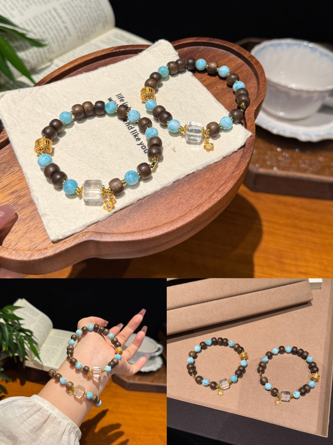 Agarwood, Blue Larimar & Clear Quartz Beaded Bracelet – Nature-Inspired Jewelry