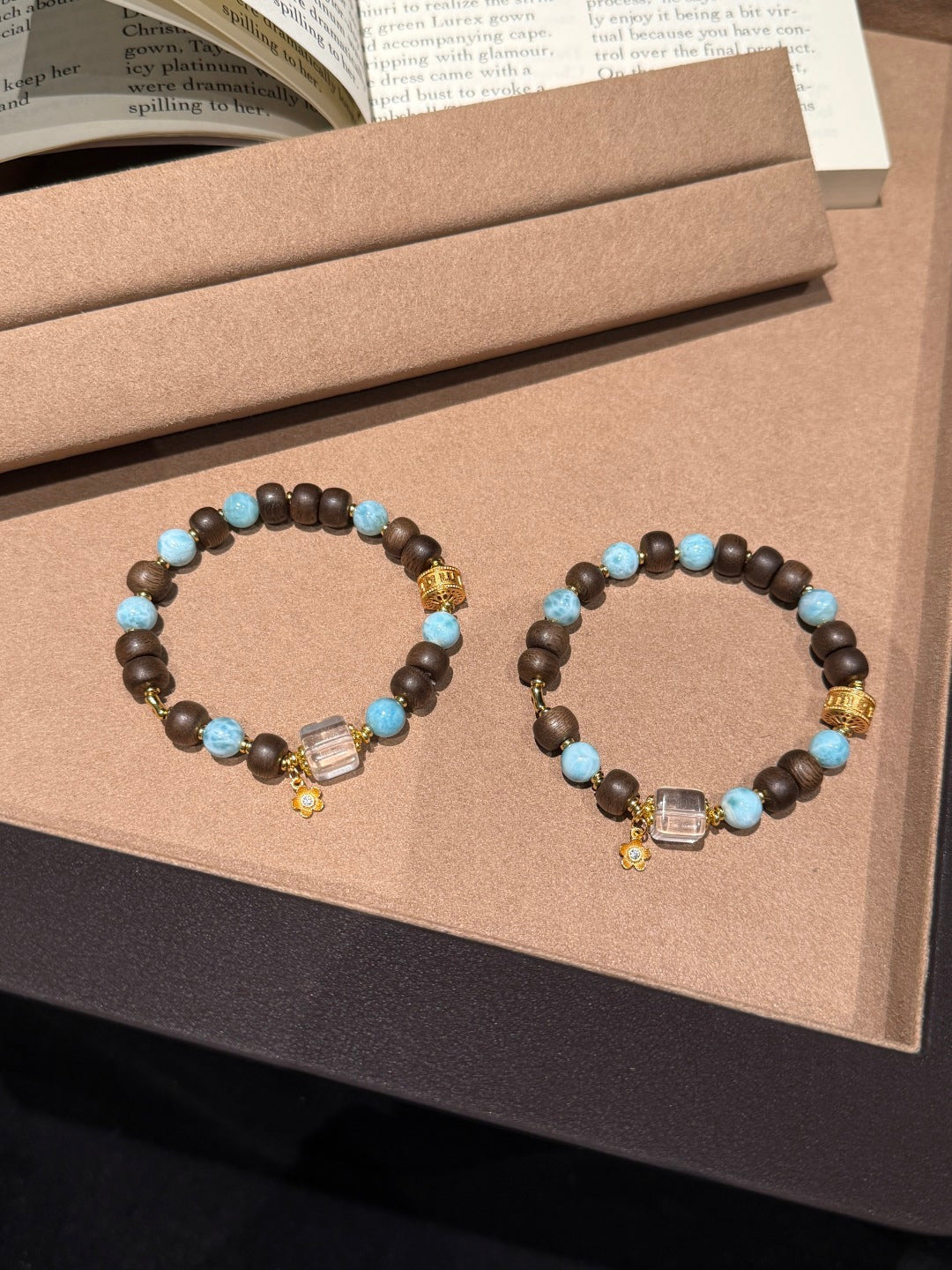 Agarwood, Blue Larimar & Clear Quartz Beaded Bracelet – Nature-Inspired Jewelry