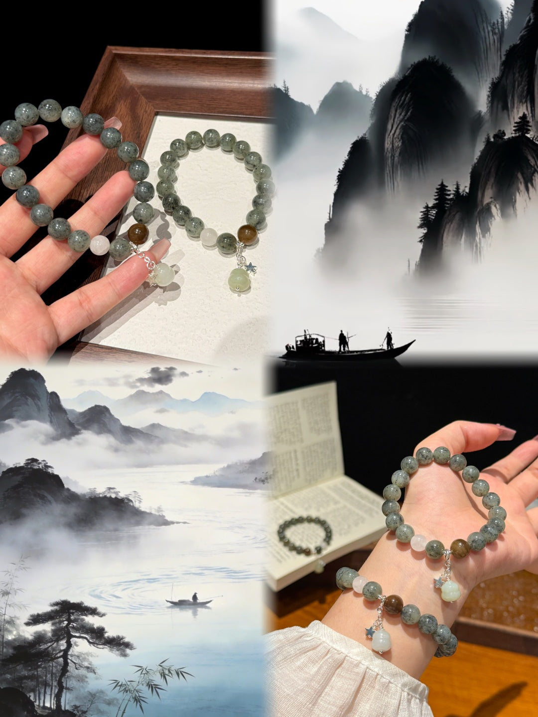 Blue-and-White Hetian Jade Beaded Bracelet with Sugar Jade & Gourd Charm — A Wish for Peace and Prosperity