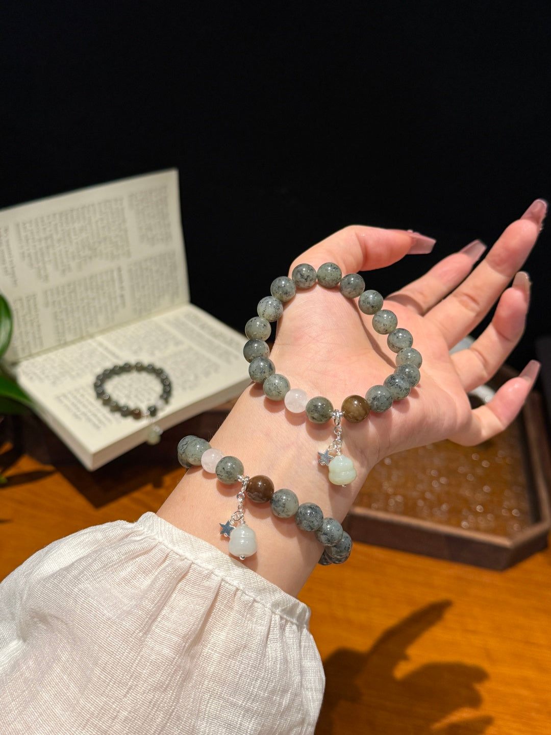 Blue-and-White Hetian Jade Beaded Bracelet with Sugar Jade & Gourd Charm — A Wish for Peace and Prosperity