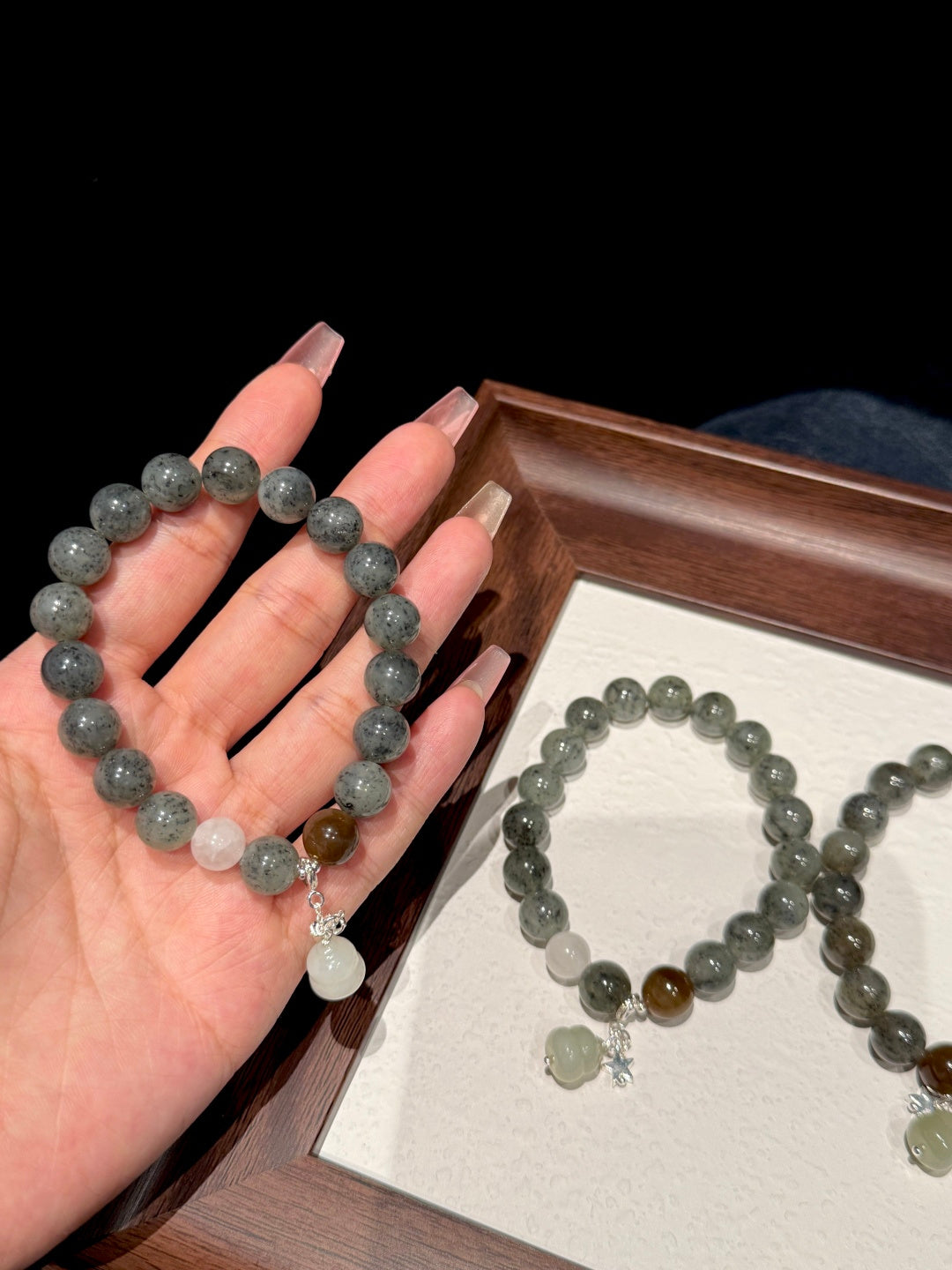 Blue-and-White Hetian Jade Beaded Bracelet with Sugar Jade & Gourd Charm — A Wish for Peace and Prosperity