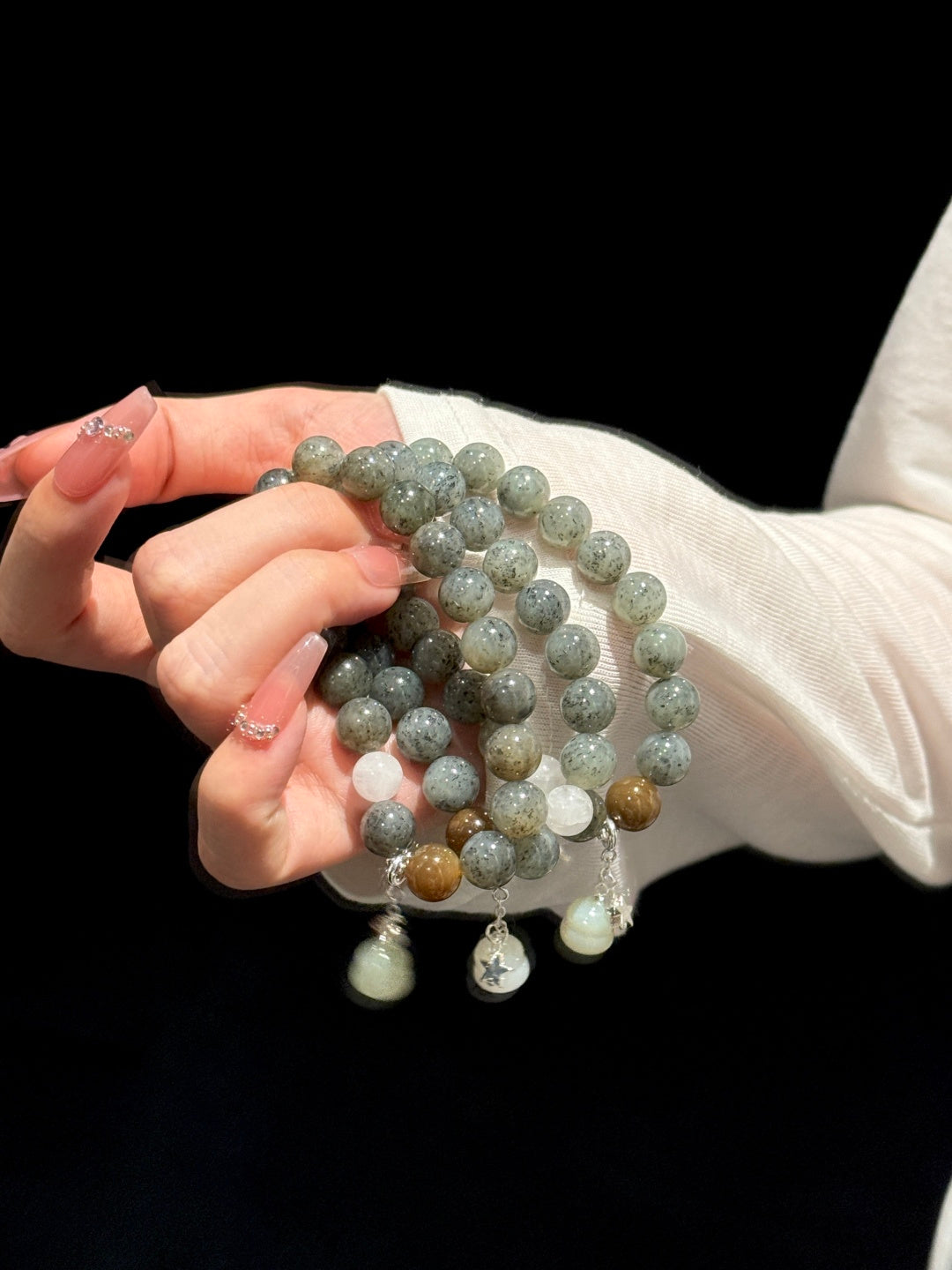 Blue-and-White Hetian Jade Beaded Bracelet with Sugar Jade & Gourd Charm — A Wish for Peace and Prosperity