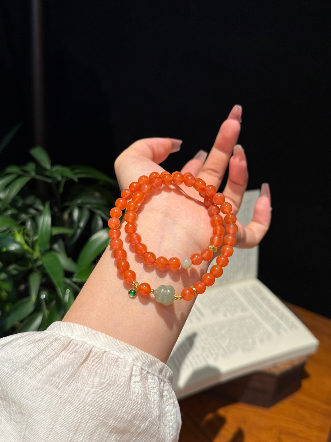South Red Agate Multi-Strand Bracelet with Hetian Jade & Jadeite Gourd — A Wish for Peace and Blessings