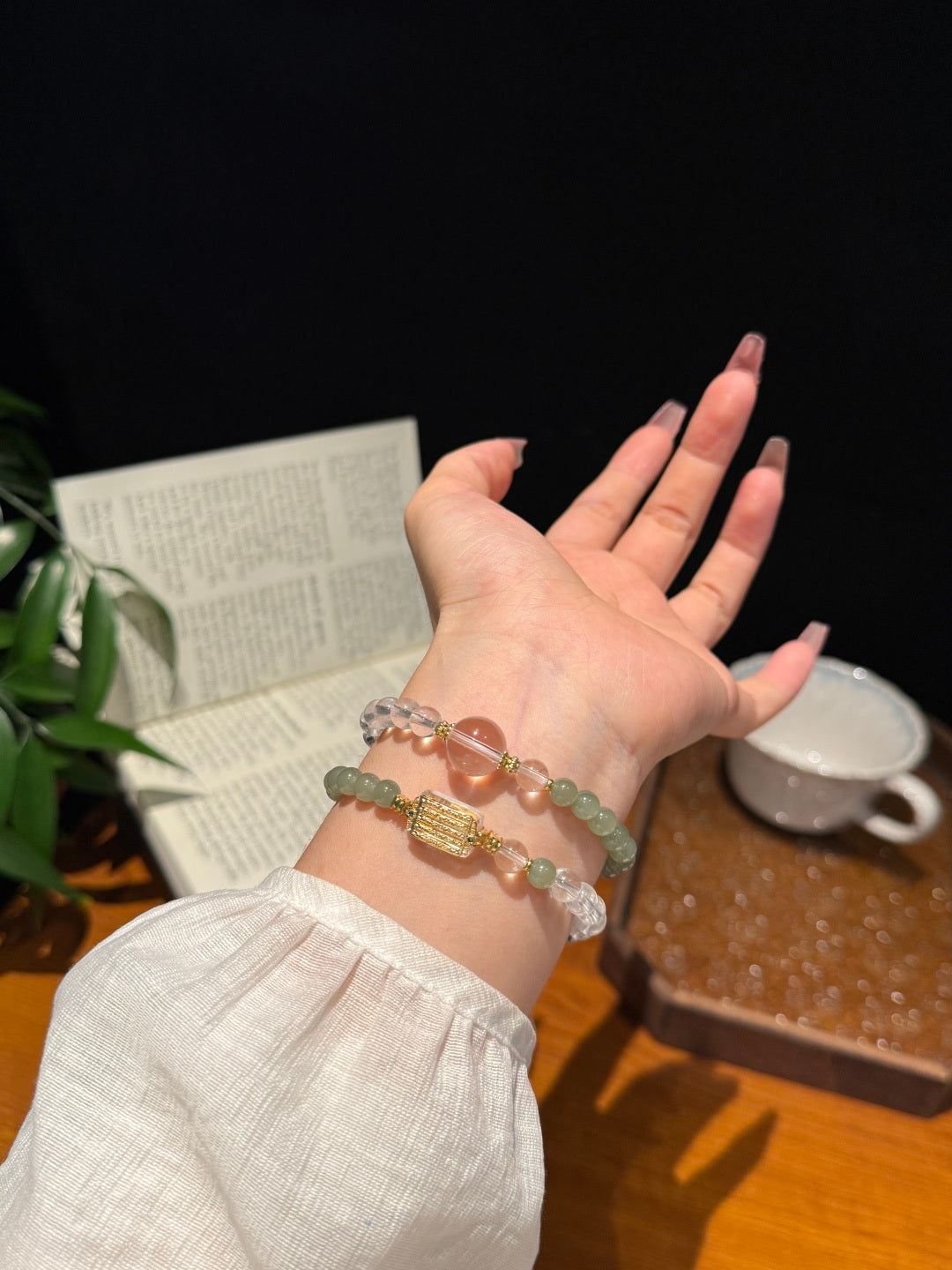 Clear Quartz & Hetian Jade Multi-Strand Bracelet with Five-Directive Mantra — A Wish for Clarity and Inner Peace