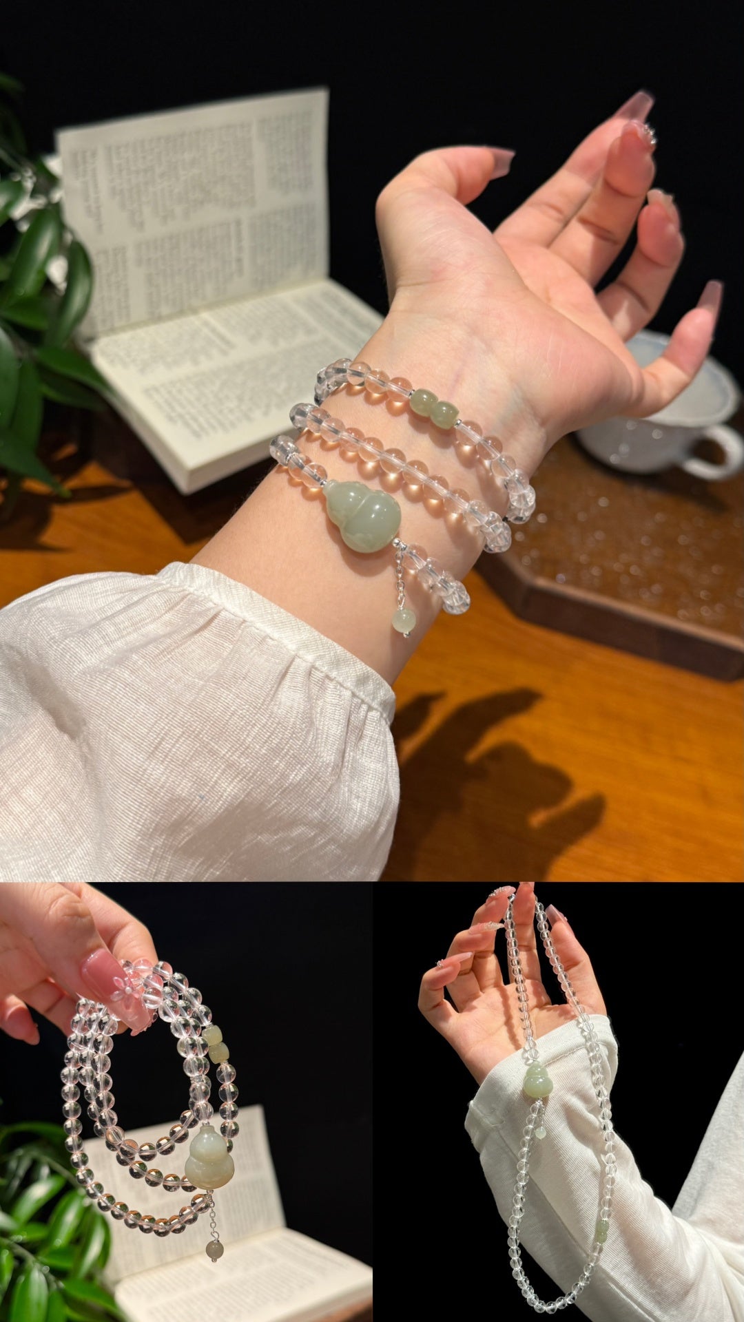 Multi-Wrap Clear Quartz Bracelet with Jade Gourd Charm – Elegant Crystal Jewelry