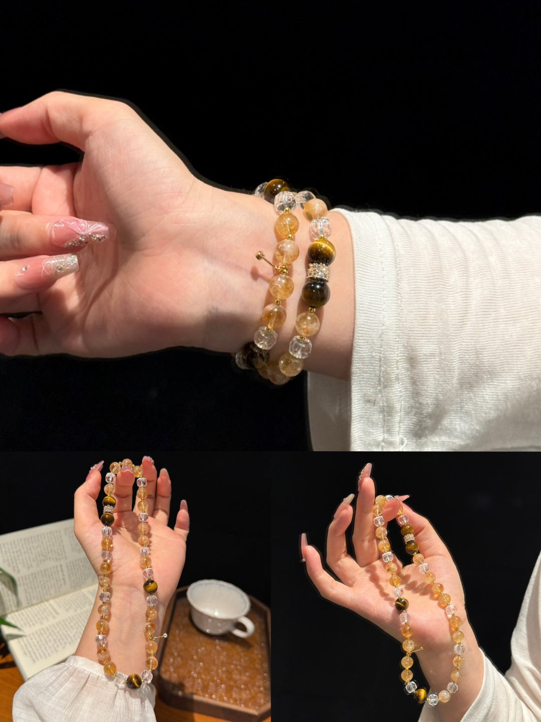 Tiger's Eye, Yellow Crystal & Clear Quartz Multi-Wrap Bracelet – Golden Gemstone Jewelry