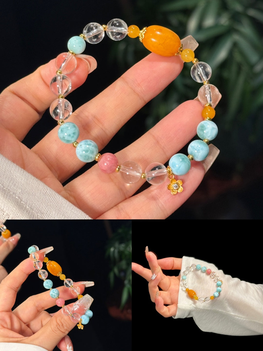 Larimar & Clear Quartz Beaded Bracelet with Vintage Amber and Rhodochrosite — A Wish for Ocean Calm and Inner Peace