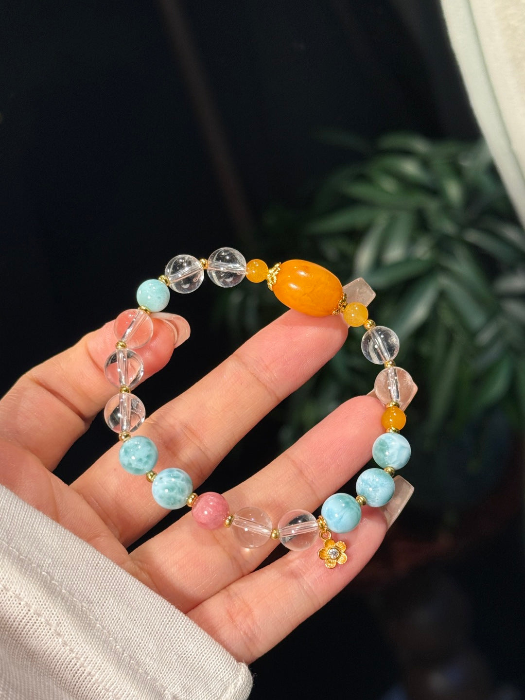 Larimar & Clear Quartz Beaded Bracelet with Vintage Amber and Rhodochrosite — A Wish for Ocean Calm and Inner Peace