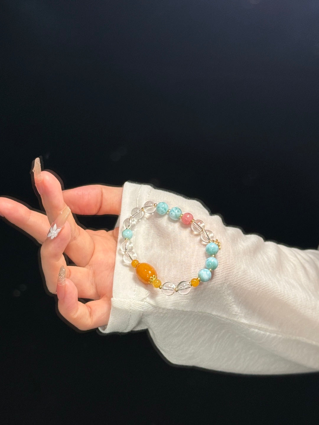 Larimar & Clear Quartz Beaded Bracelet with Vintage Amber and Rhodochrosite — A Wish for Ocean Calm and Inner Peace