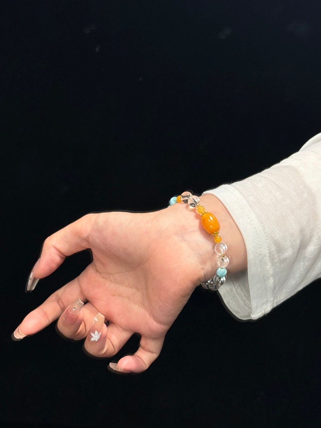 Larimar & Clear Quartz Beaded Bracelet with Vintage Amber and Rhodochrosite — A Wish for Ocean Calm and Inner Peace