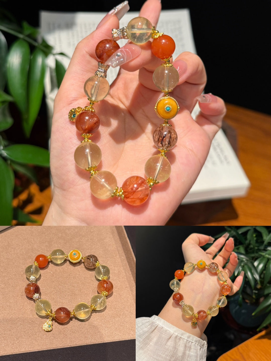 Citrine & South Red Agate Statement Bracelet with Vintage Amber and Black Gold Super Seven — A Wish for Wealth and Vitality