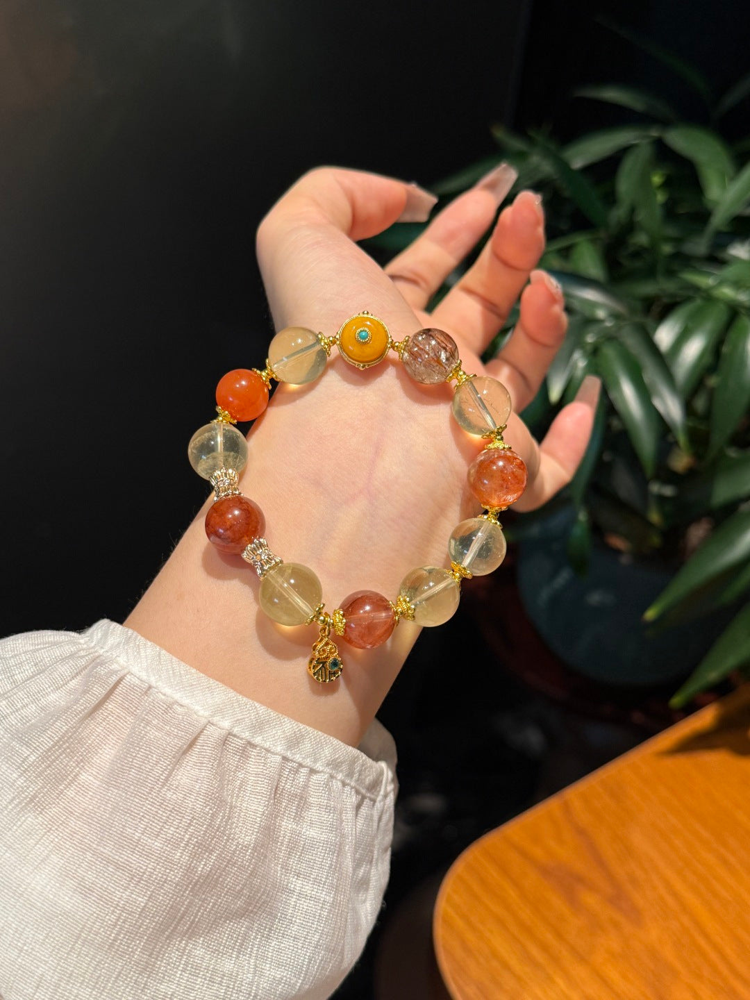 Citrine & South Red Agate Statement Bracelet with Vintage Amber and Black Gold Super Seven — A Wish for Wealth and Vitality