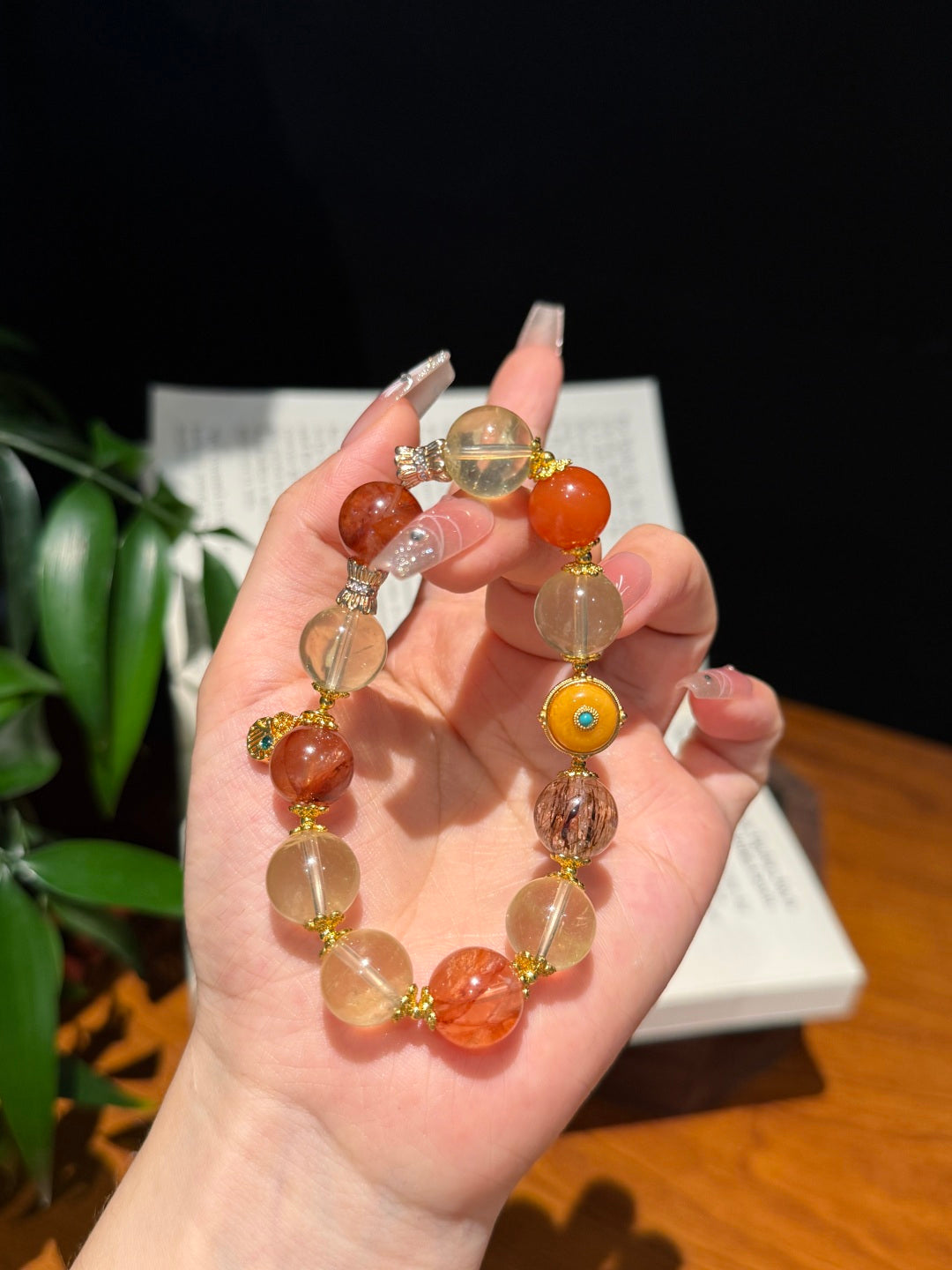 Citrine & South Red Agate Statement Bracelet with Vintage Amber and Black Gold Super Seven — A Wish for Wealth and Vitality