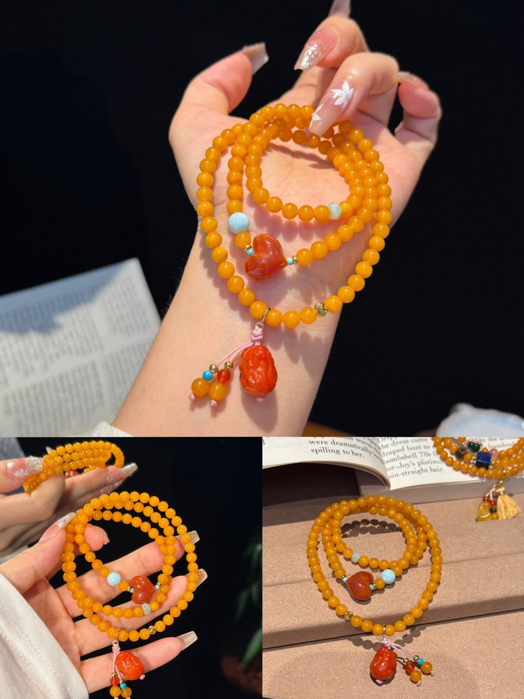 Natural Vintage Amber Wrap Bracelet with South Red Agate & Turquoise — A Wish for Lasting Fortune and Love
