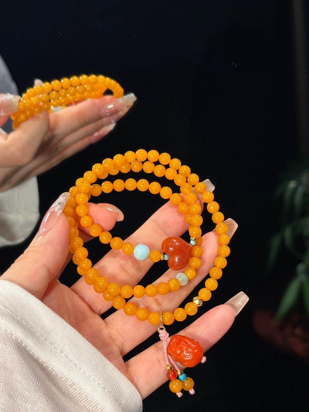 Natural Vintage Amber Wrap Bracelet with South Red Agate & Turquoise — A Wish for Lasting Fortune and Love
