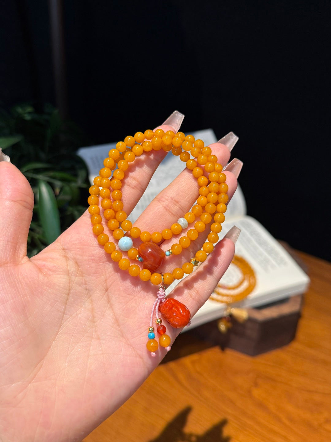 Natural Vintage Amber Wrap Bracelet with South Red Agate & Turquoise — A Wish for Lasting Fortune and Love