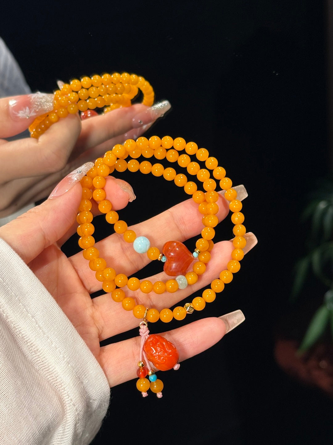 Natural Vintage Amber Wrap Bracelet with South Red Agate & Turquoise — A Wish for Lasting Fortune and Love