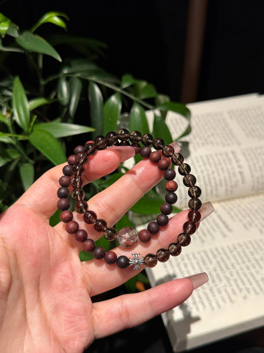 Smoky Quartz & Natural Wood Bead Bracelet with Gothic Cross Accents – Grounding