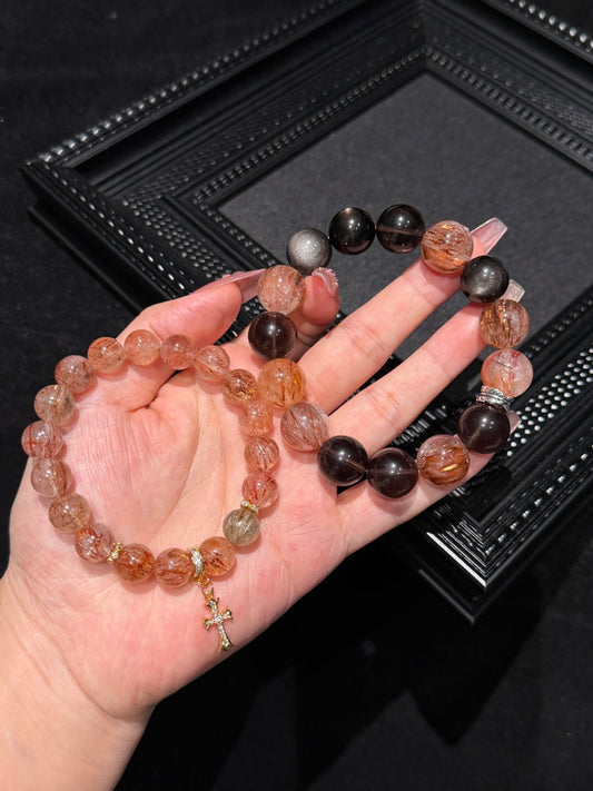 Matching Crystal Couple Bracelets with Gold Cross Charm – Love, Strength & Protection
