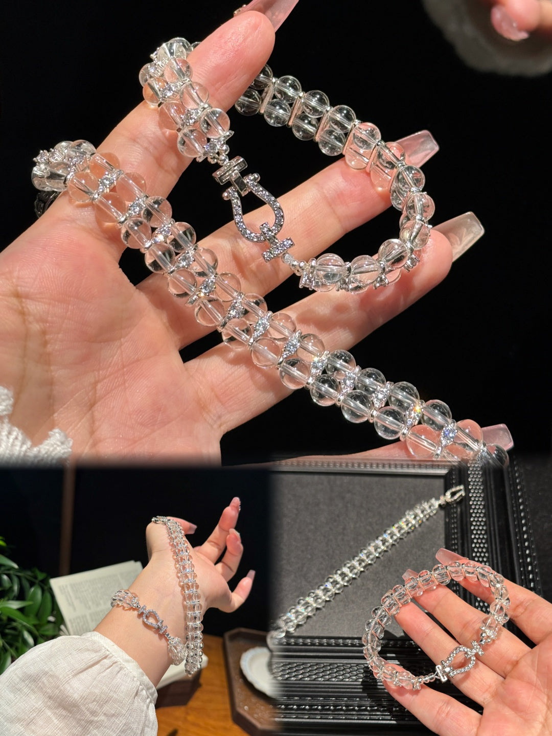 Clear Quartz Crystal Bracelet with Silver-Tone Rhinestone Clasp