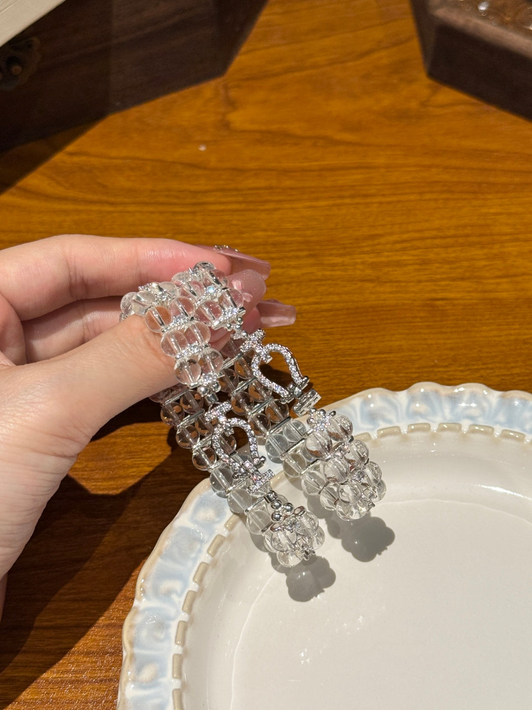 Clear Quartz Crystal Bracelet with Silver-Tone Rhinestone Clasp