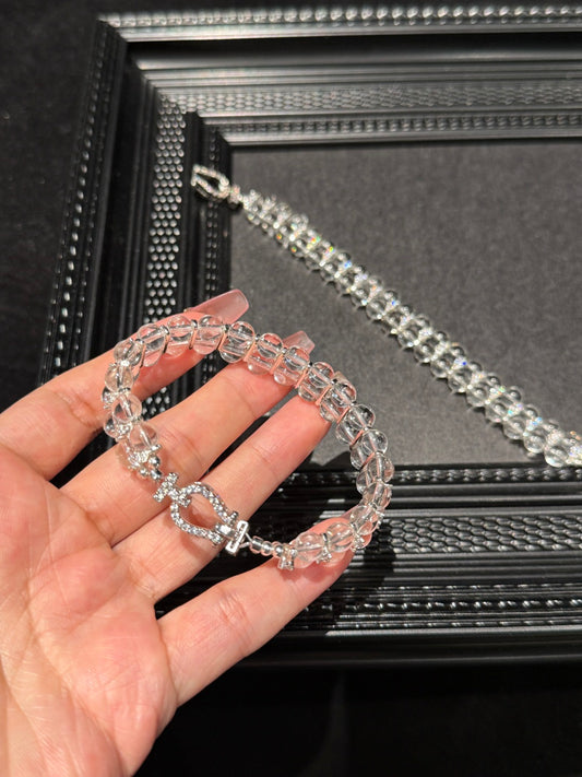 Clear Quartz Crystal Bracelet with Silver-Tone Rhinestone Clasp