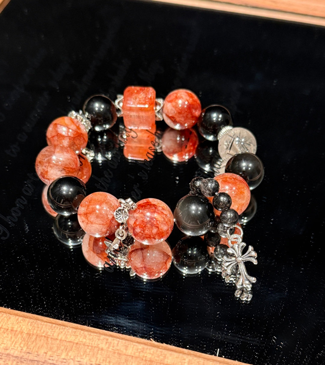 Red & Black Crystal Beaded Bracelet with Cross Charm – Bold Energy & Protection