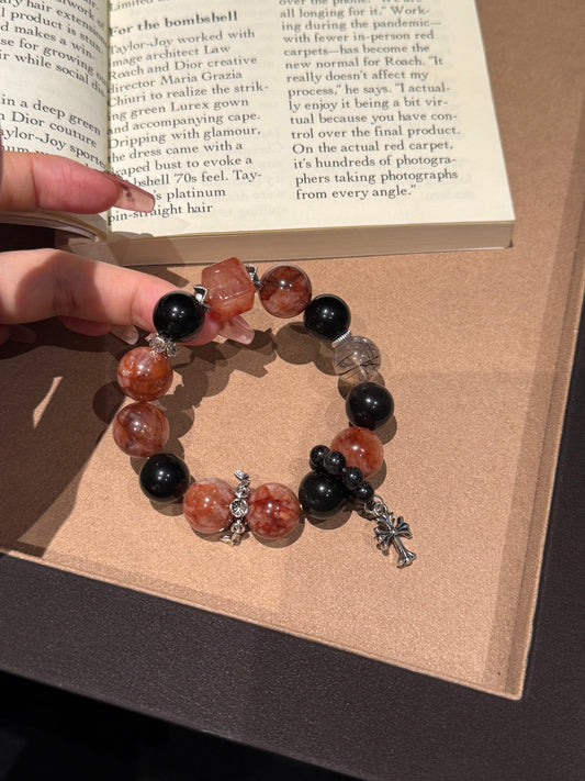 Red & Black Crystal Beaded Bracelet with Cross Charm – Bold Energy & Protection