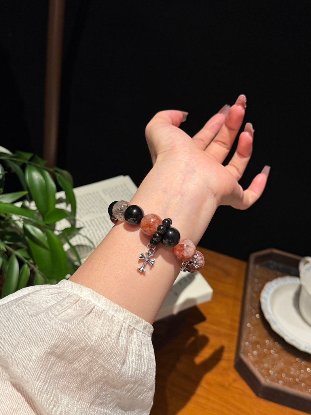 Red & Black Crystal Beaded Bracelet with Cross Charm – Bold Energy & Protection