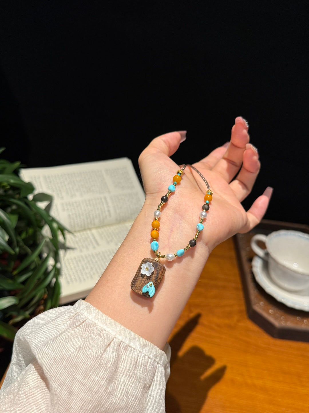 Amber & Turquoise Pendant Necklace with Agarwood – Nature-Inspired Jewelry