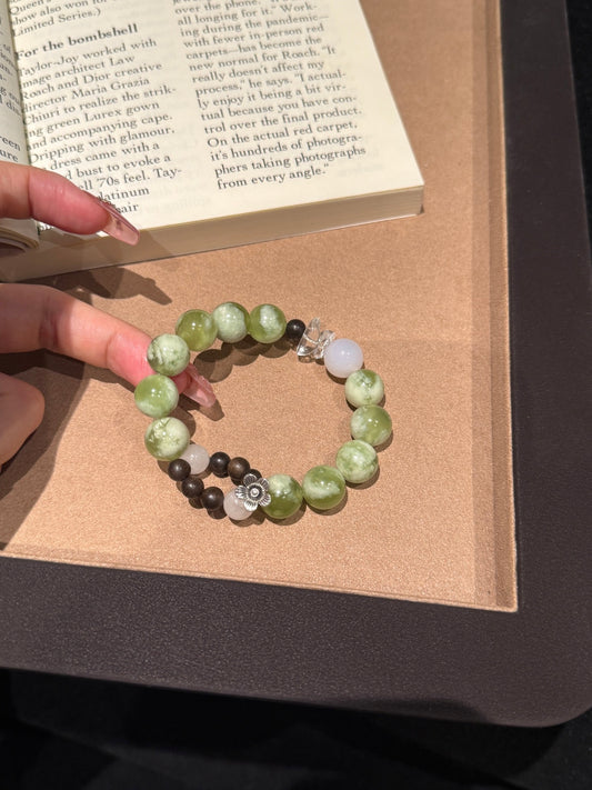 Handmade White Phantom Quartz and Xiuyan Jade Bracelet with White Agate