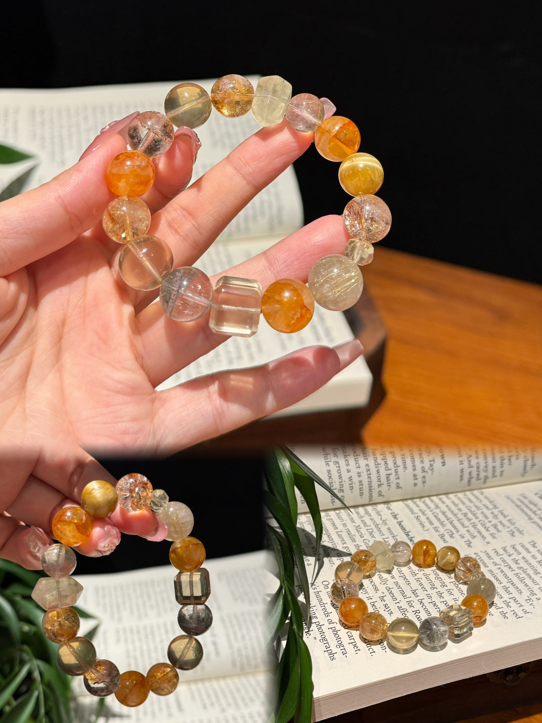 Handmade Mixed Quartz Beaded Bracelet with Golden Rutilated Quartz, Citrine and Clear Quartz