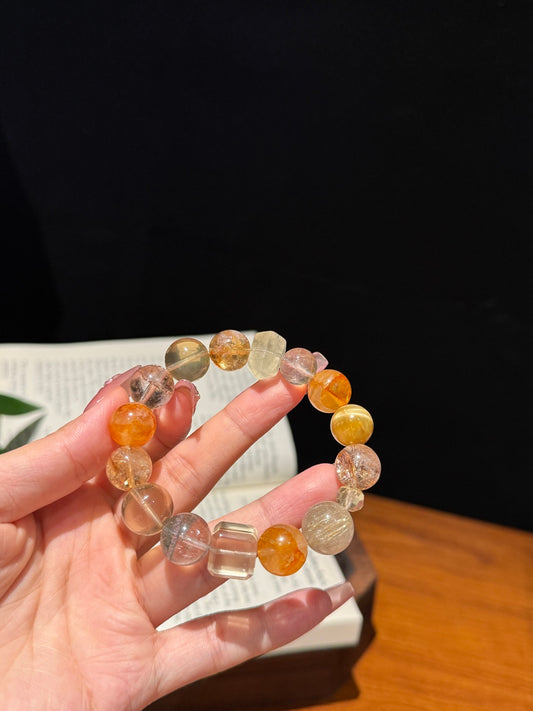 Handmade Mixed Quartz Beaded Bracelet with Golden Rutilated Quartz, Citrine and Clear Quartz