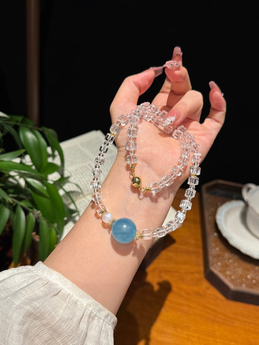 Clear Quartz Cube & Aquamarine Beaded Necklace — A Wish for Clarity and Calm