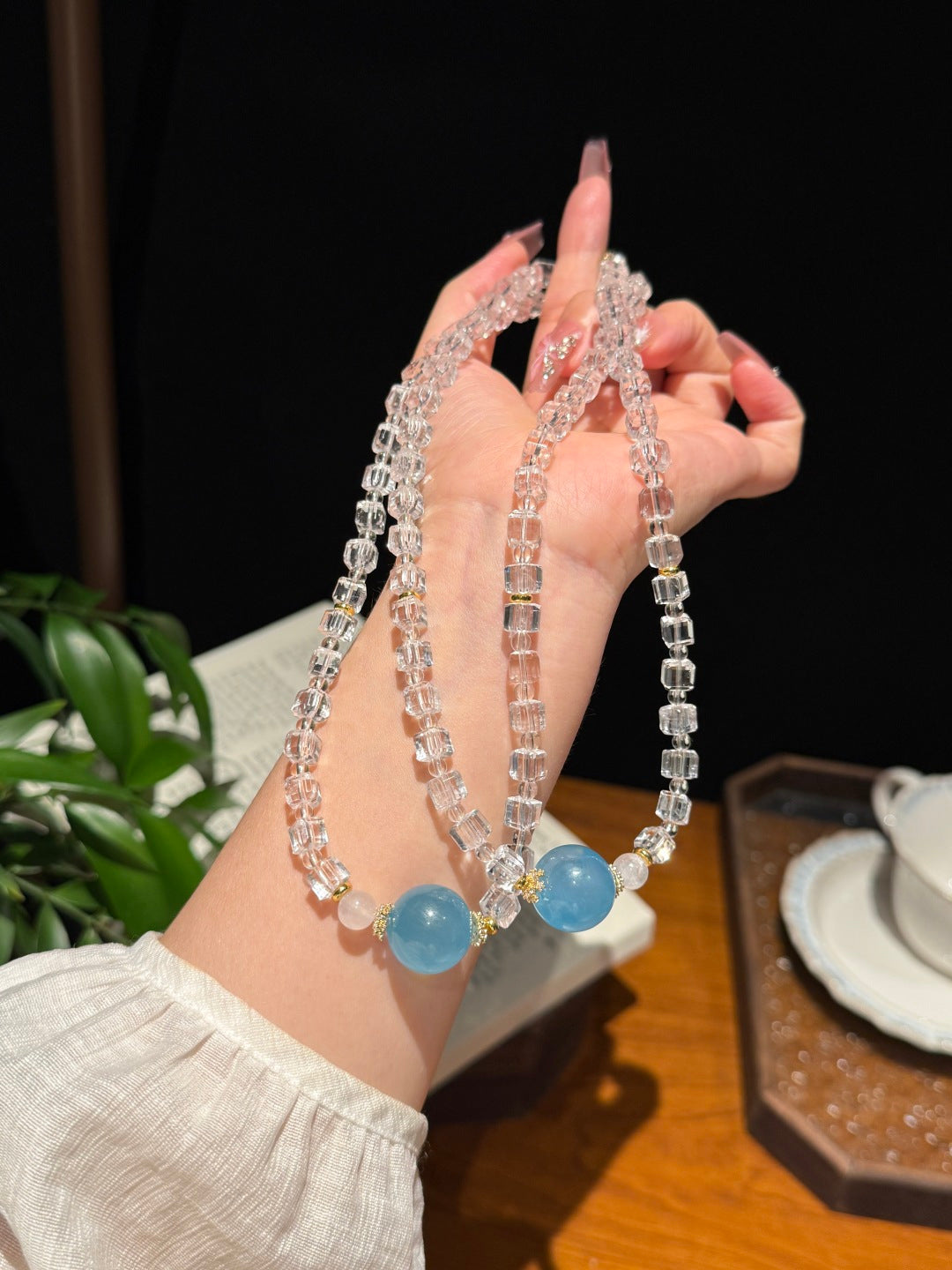 Clear Quartz Cube & Aquamarine Beaded Necklace — A Wish for Clarity and Calm