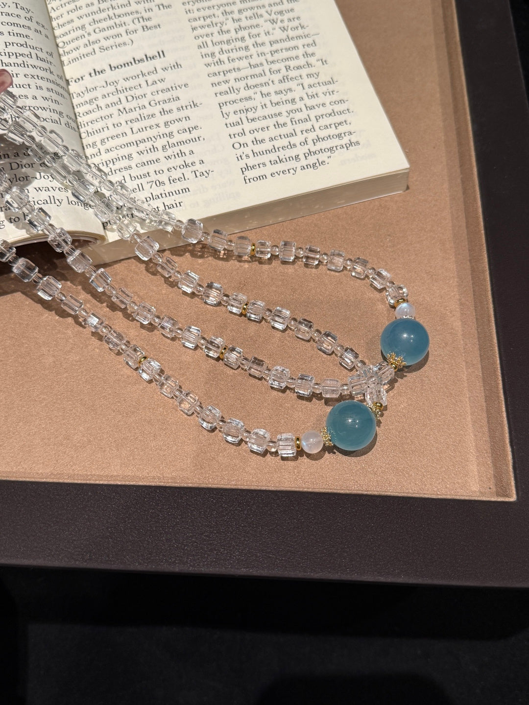 Clear Quartz Cube & Aquamarine Beaded Necklace — A Wish for Clarity and Calm