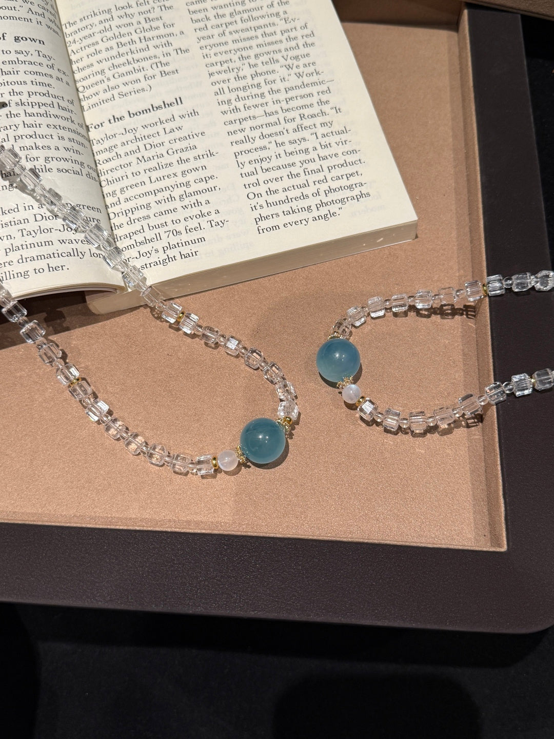 Clear Quartz Cube & Aquamarine Beaded Necklace — A Wish for Clarity and Calm