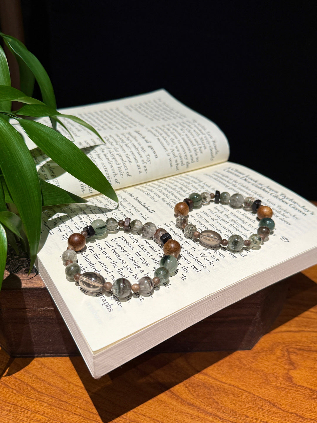 Green Phantom Quartz & Agarwood Beaded Bracelet with Green Hair Quartz and Tea Crystal