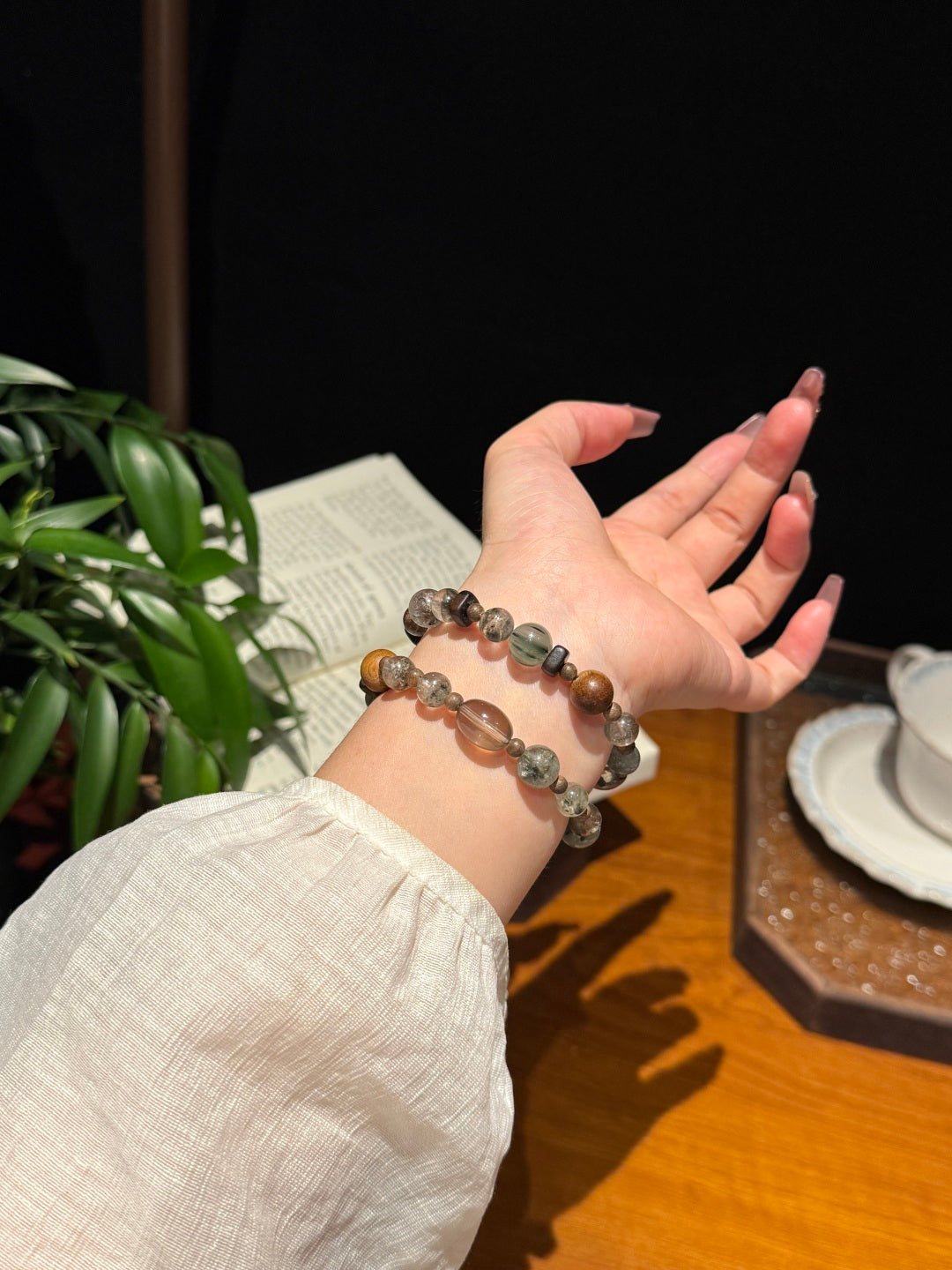 Green Phantom Quartz & Agarwood Beaded Bracelet with Green Hair Quartz and Tea Crystal