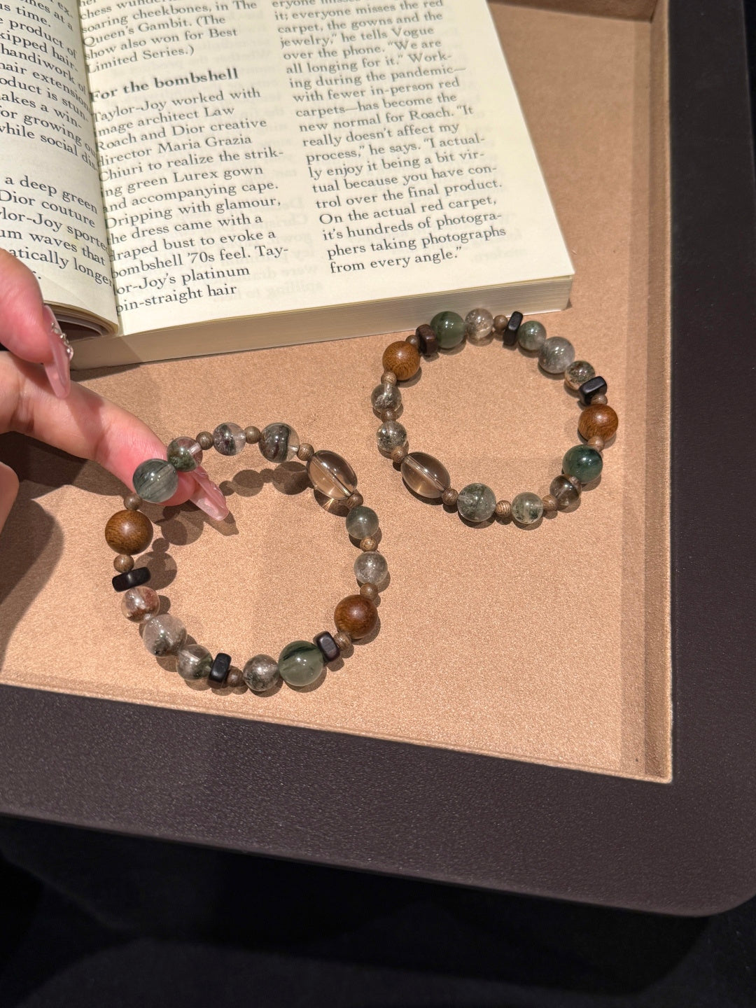 Green Phantom Quartz & Agarwood Beaded Bracelet with Green Hair Quartz and Tea Crystal