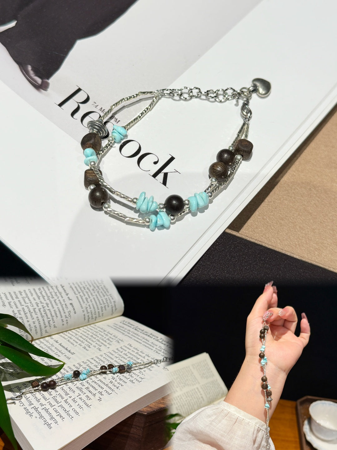 Agarwood & Turquoise Double-Layer Bracelet with Stainless Steel Chain — A Wish for Harmony and Grounding