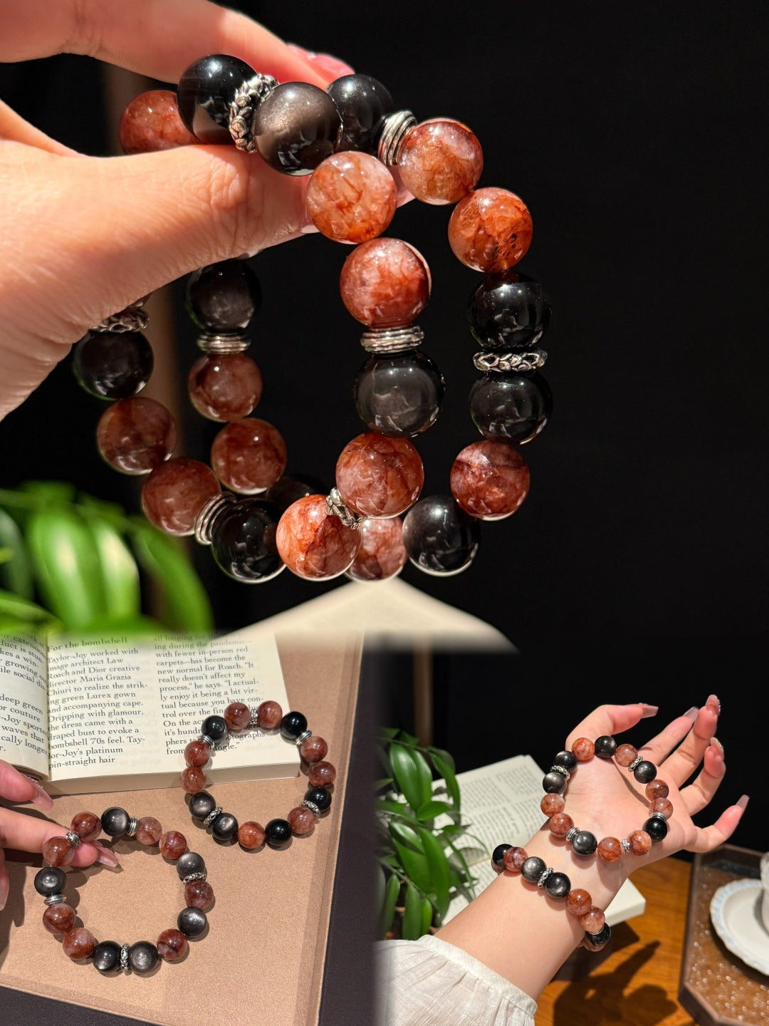 Red Hematoid Quartz & Silver Obsidian Beaded Bracelet — A Wish for Vitality and Protection