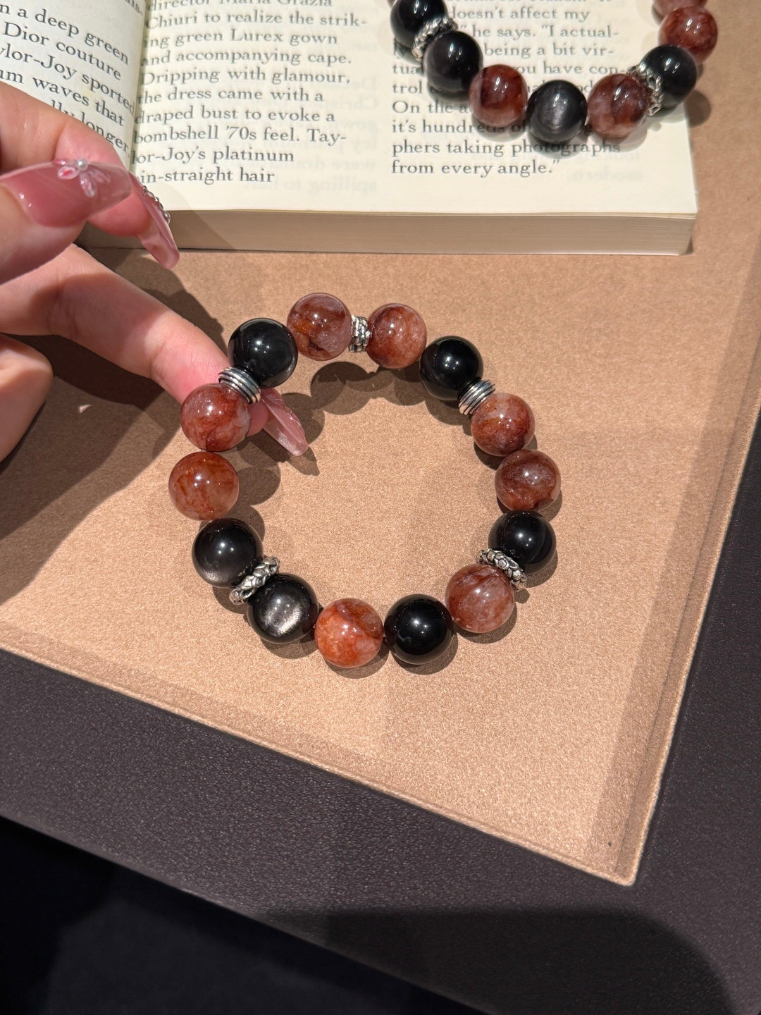 Red Hematoid Quartz & Silver Obsidian Beaded Bracelet — A Wish for Vitality and Protection