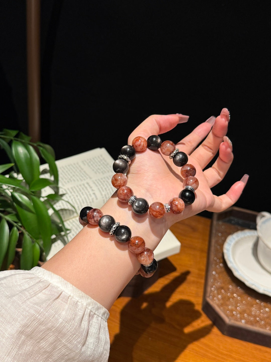 Red Hematoid Quartz & Silver Obsidian Beaded Bracelet — A Wish for Vitality and Protection
