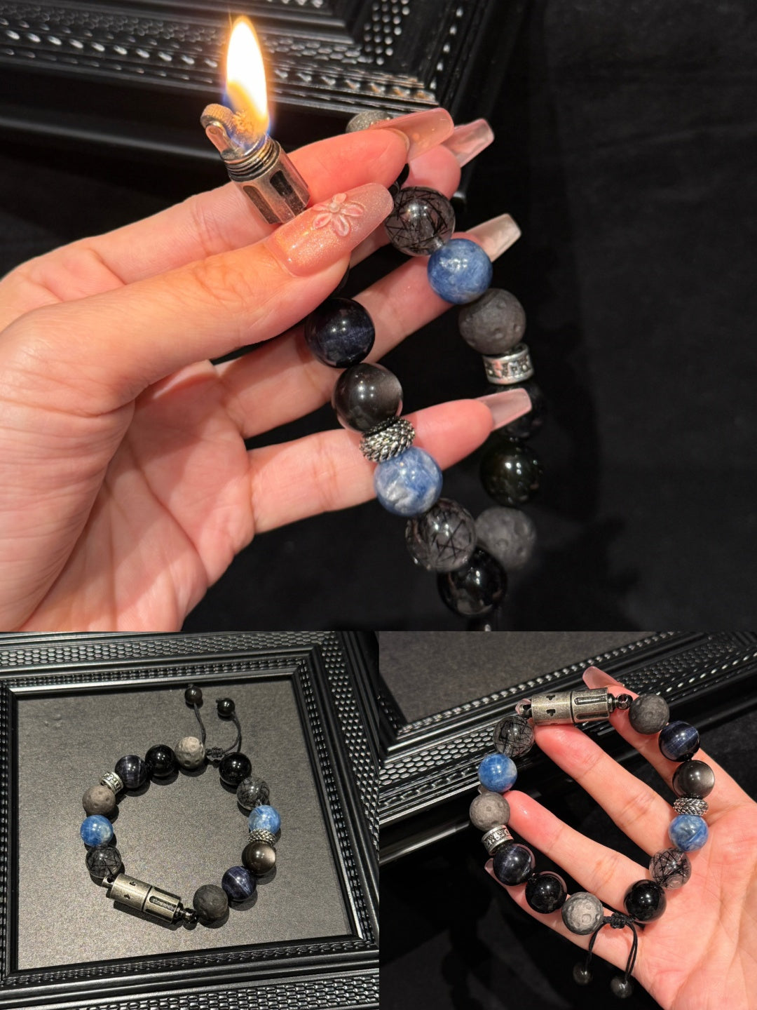Black Obsidian & Blue Tiger's Eye Beaded Bracelet with Hidden Lighter — A Wish for Protection and Steady Focus