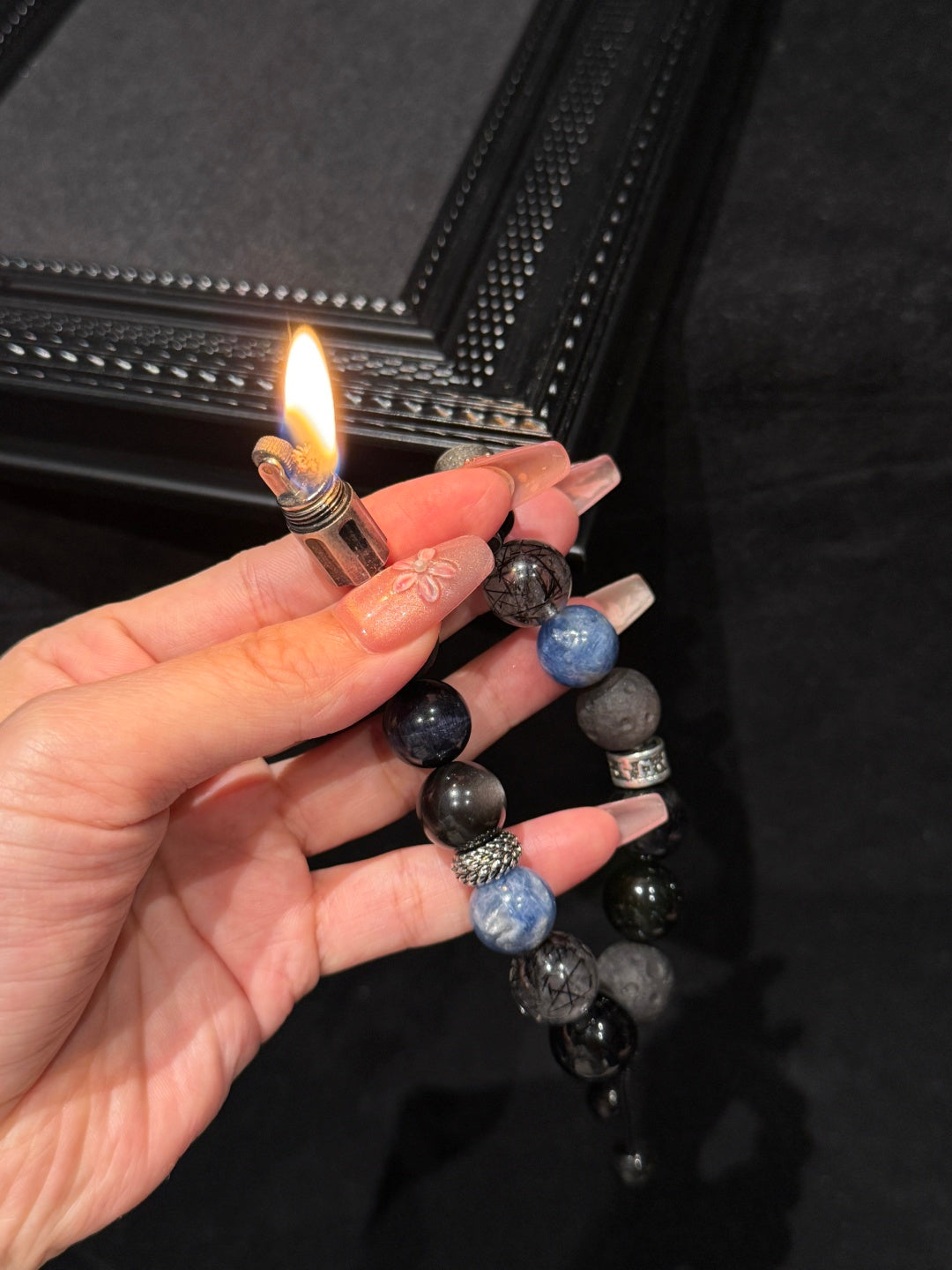 Black Obsidian & Blue Tiger's Eye Beaded Bracelet with Hidden Lighter — A Wish for Protection and Steady Focus
