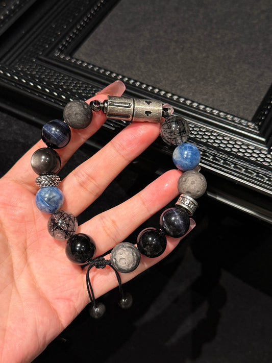Black Obsidian & Blue Tiger's Eye Beaded Bracelet with Hidden Lighter — A Wish for Protection and Steady Focus