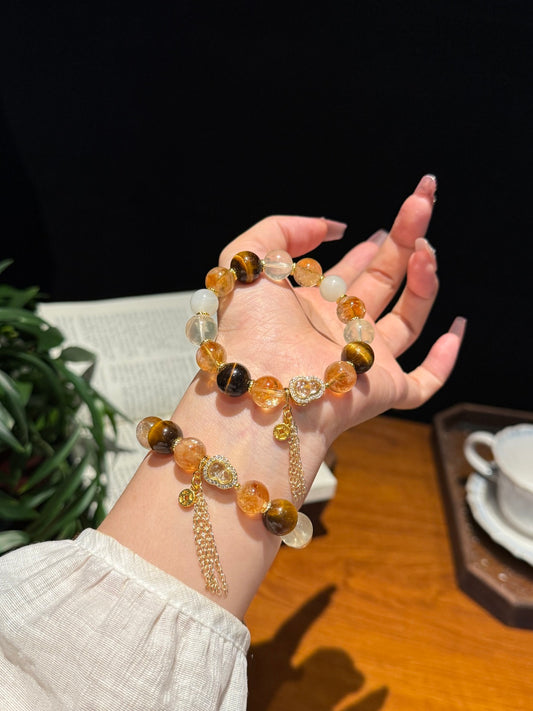 Tiger's Eye, Citrine & Yellow Tower Quartz Beaded Bracelet with Gourd Charm — A Wish for Wealth and Fortune