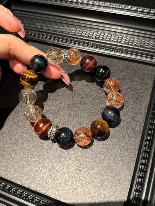 Tri-Color Tiger's Eye & Black Gold Super Seven Beaded Bracelet — A Wish for Power and Protection