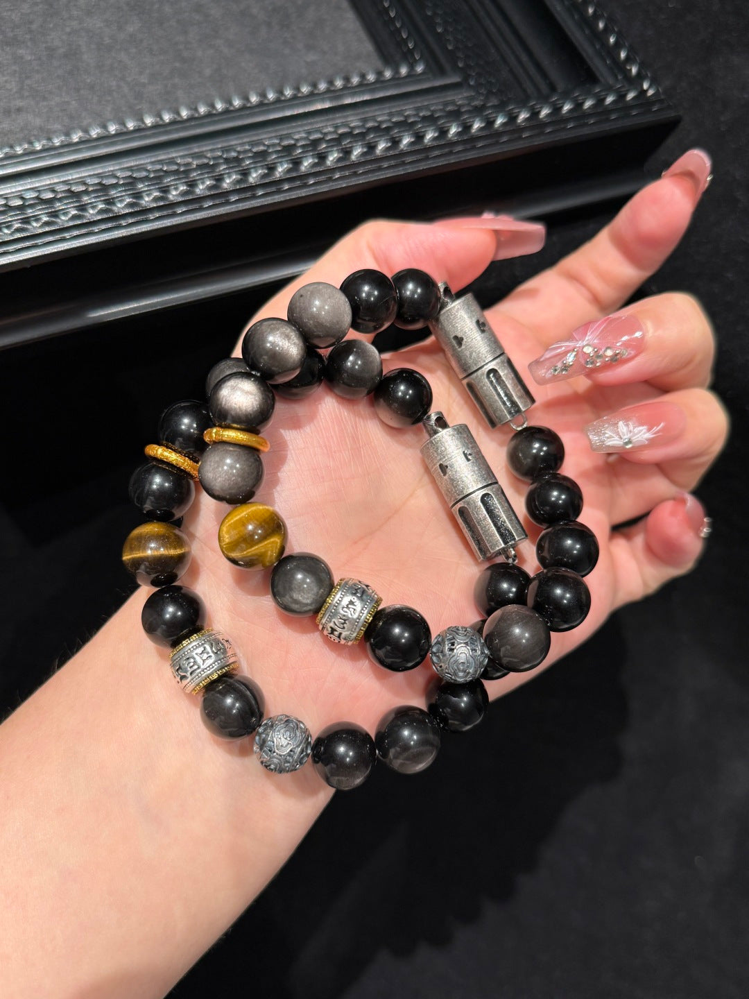 Silver Obsidian &amp; Tiger's Eye Beaded Bracelet with Hidden Lighter — A Wish for Power and Good Fortune